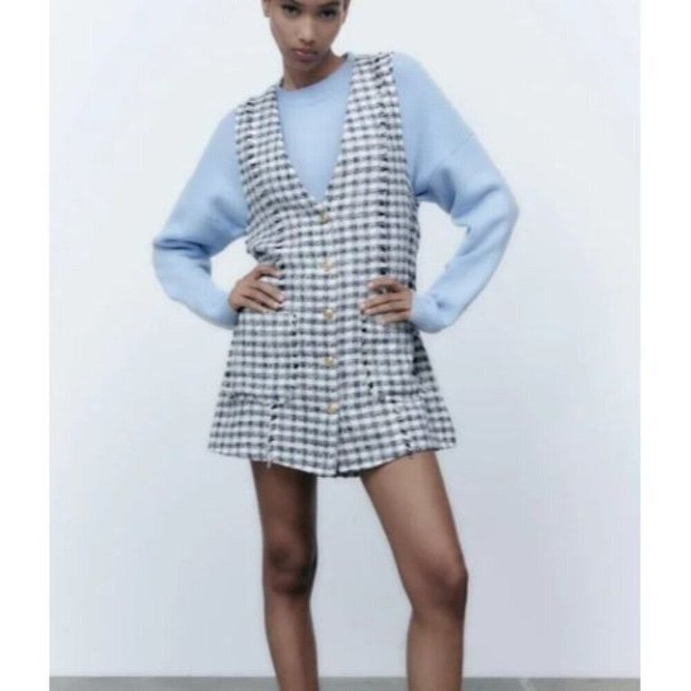 ZARA Textured tweed Mini Dress Size Medium Blue Black Preppy School Girl Fall
